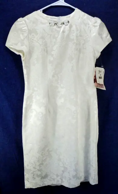 Jessica McClintock White Cotton Blend Scroll Jacquard Girl Short Sleeve Dress 14