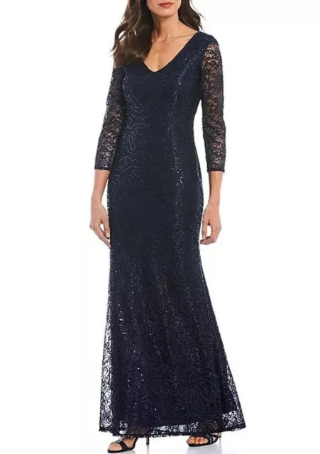 Marina Sequined Lace Gown Dress Navy Stretch V Neck 3/4 Sheer Sleeve Women Sz 4