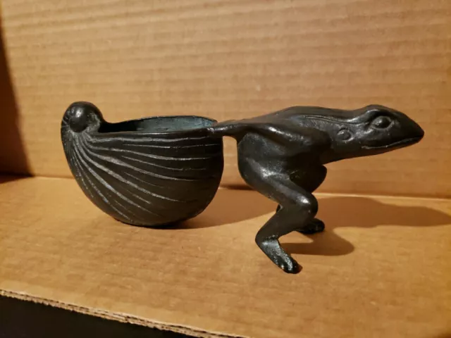 Heavy brass bronze frog pulling Nautilis Snail shell planter