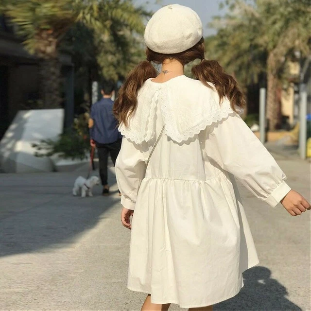 Abito donna ragazza Lolita manica lunga pizzo camicia sciolta camicetta casual top bianco 3
