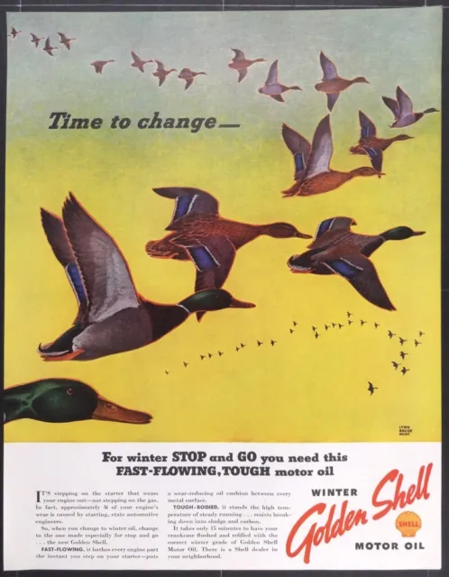 Vintage Magazine Ad 1937 Shell Oil Mallard Ducks V Formation art Lynn Bogue Hunt