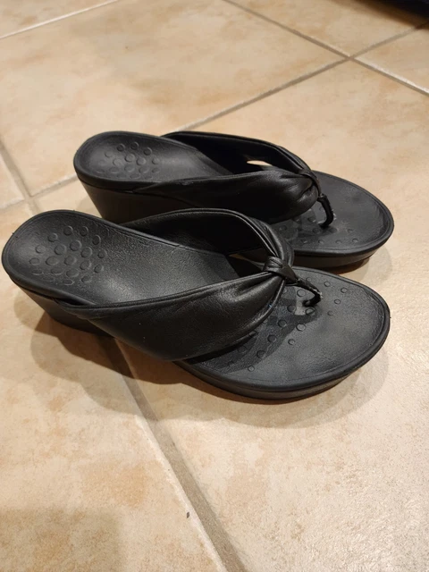 Vionic Arabella Wedge Thong Leather Sandals Shoes Black Size 10
