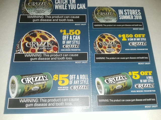printable grizzly tobacco coupons GRIZZLY TOBACCO SNUFF COUPONS $5 off Roll, $1.50 off Can ~ EXP 8/31+ $5.76