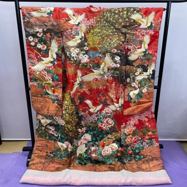 Japanese Kimono Uchikake Red Pheasant Peafowl Embroidery Crane Vermilion