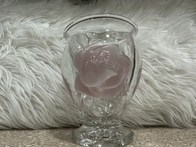 Teleflora Glass Heavy Vase Raised Puff Frosted Pink Roses Lead Crystal France