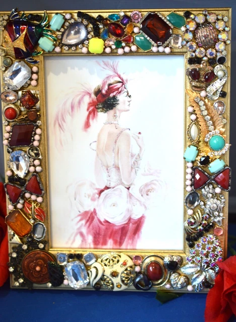Vintage Jewelry Decorated Art Picture Frame Rhinestone Embellished 5X7 Photo