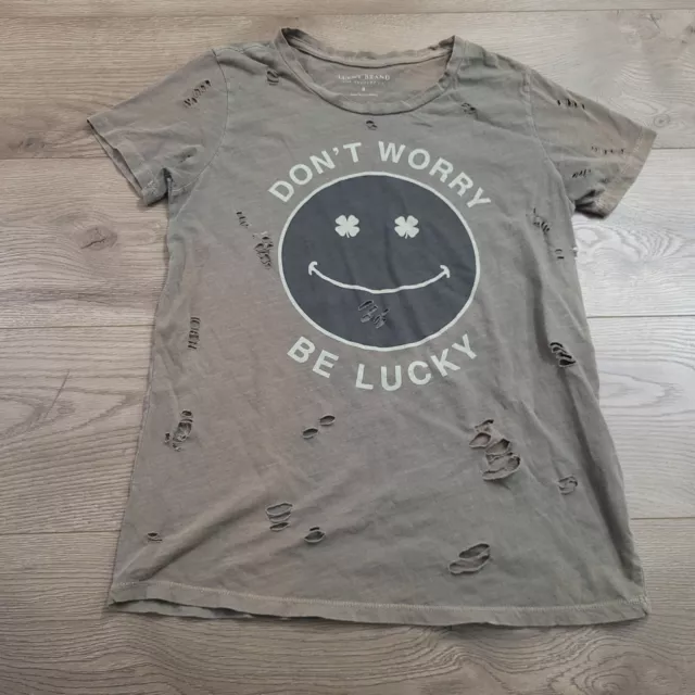 Lucky Brand Shirt Womens Small Green Dont Worry Distressed Graphic Tee Grunge