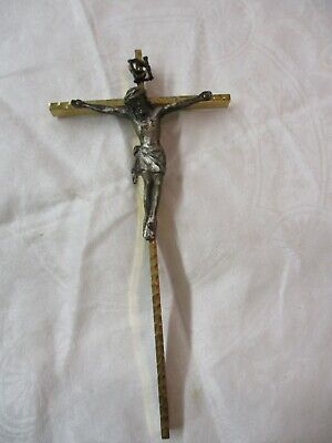 Vintage hammered large solid Brass Cross with silver tone Jesus