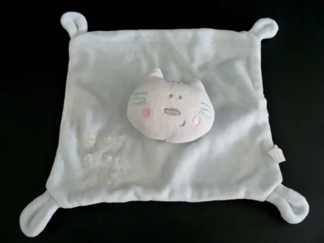 Ni1- DOUDOU PLAT CHAT EMC Petits matins câlins BLEU BLANC CARRE - TTBE