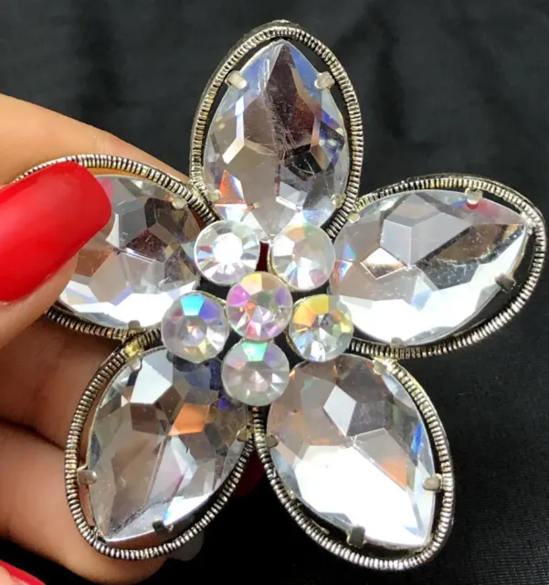 Brooch Pin Glitzy Flower Shaped With Faceted Beads 2-5/8 Inches In Diameter