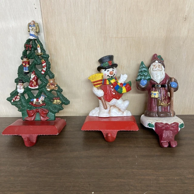 Vtg MIDWEST Cast Iron Christmas Tree Stocking Holders ~XMAS TREE, SNOWMAN, SANTA