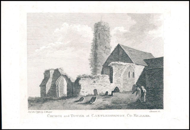 1797 Antique Engraving IRELAND CHURCH & TOWER AT CASTLEDERMOT Co.Kildare (IG49)