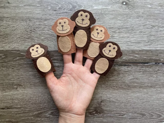 Australian Handmade 5 Cheeky Monkey Felt Finger Puppets + String Bag