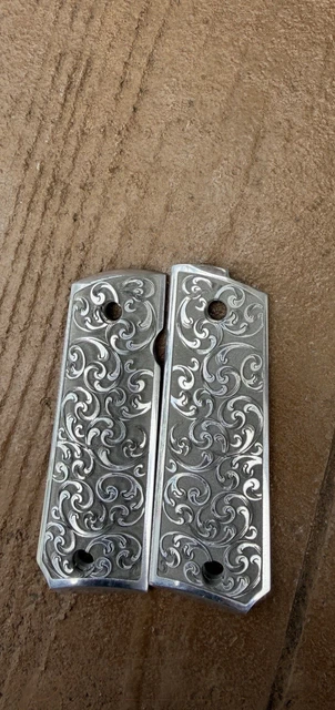 Colt 1911 Full Size Custom Engraved Faux Ivory Grips – Scroll & Diamond Checkered