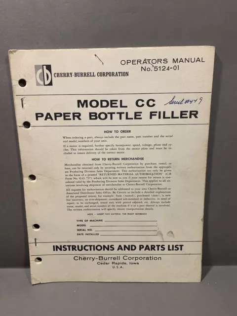 Cherry-Burrell Paper Bottle Filler Instructions & Parts Manual Book Model CC
