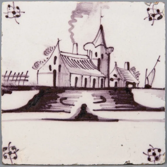 Nice Dutch Delft Manganese tile, landscape with houses and church, circa 1800.