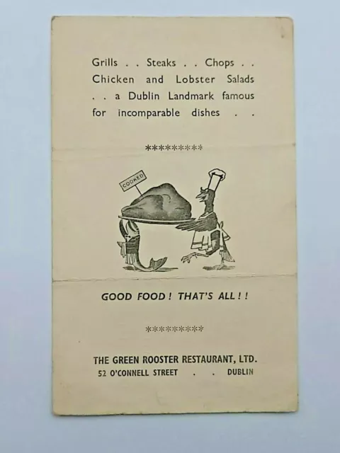 1950's Green Rooster Restaurant 52 O'Connel Street Dublin Advertising card