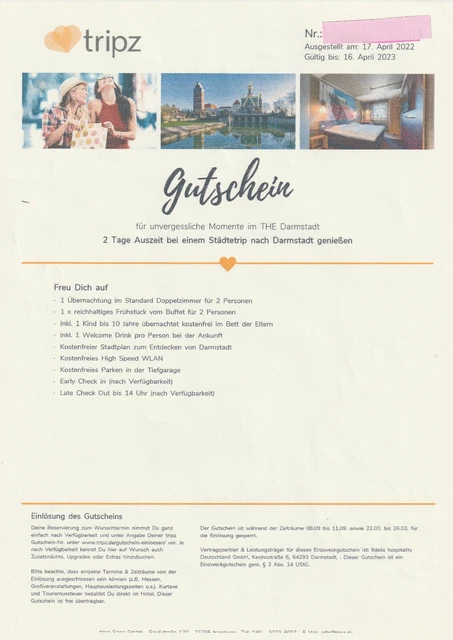 Gutschein Hotel THE Darmstadt  1 Ü/2 P.    1 Kind bis 10 J. kostenfr. Übern.