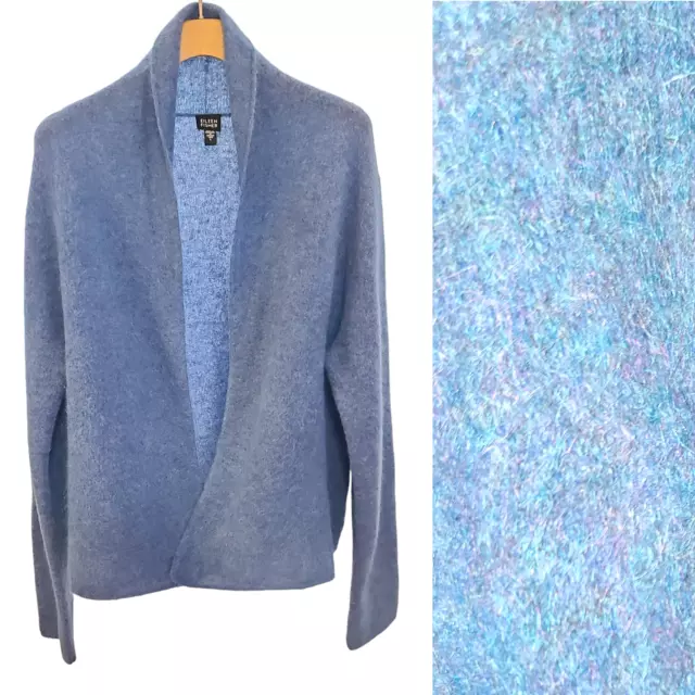 EILEEN FISHER L Plush Blue Purple Melange Wool Mohair Open Cardigan Sweater