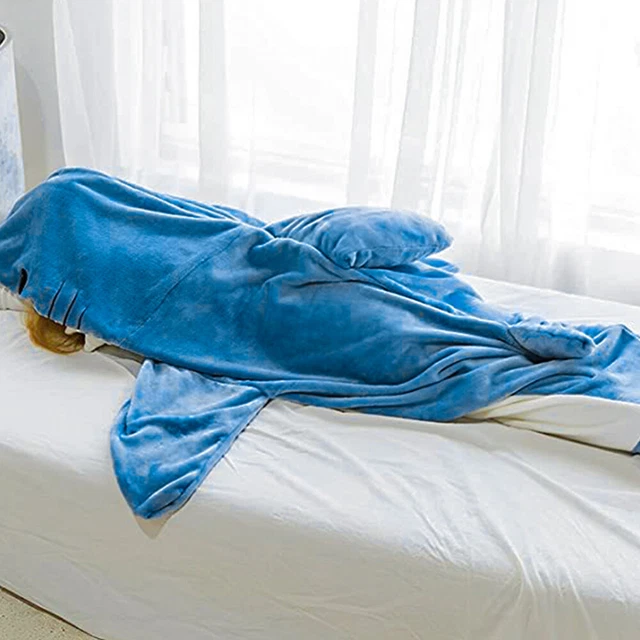 Coperta portatile con cappuccio, morbida, accogliente, sacco a pelo squalo,