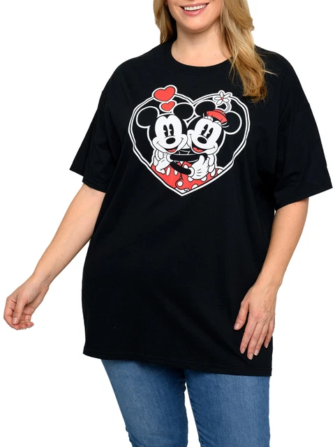 Disney Womens Plus Size Mickey and Minnie Mouse T-Shirt Heart Hugs Black