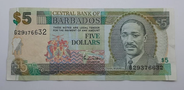 2000 - Central Bank Of Barbados - $5 Dollars Banknote, Serial No. G29 376632
