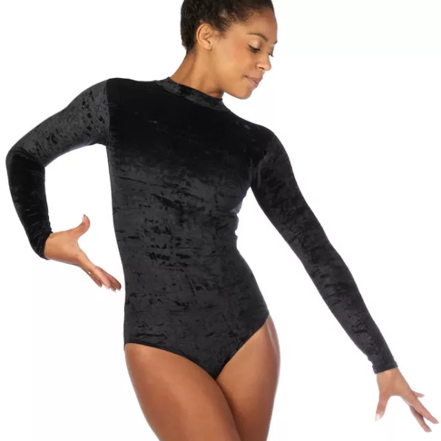 WESTPOLE girls gymnastics dance leotard, Black velour velvet leotard, sleeved