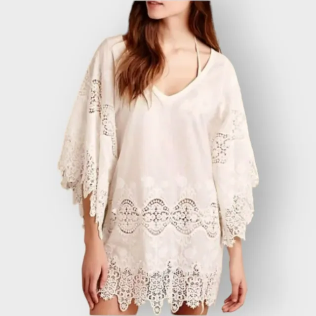 Anthropologie Eberjey Castaway Cover Up Tunic Swim White Cotton Lace Size S/M
