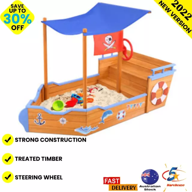 Kids Wooden Sandpit Boat Sandbox Children Timber Sand Box Pit Ship Pirate Play