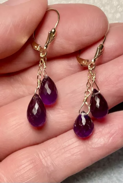 14K Gold Filled Natural African Amethyst Briolette Leverback Drop Earrings