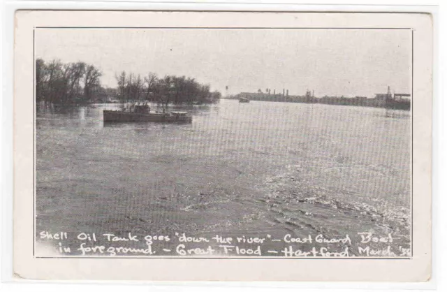 Coast Guard Boat Shell Oil Tank River Flood Hartford Connecticut 1936 postcard