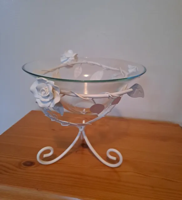 Glass Bowl On White Coated Metal 3 Footed Decorative Butterflies & Roses Stand