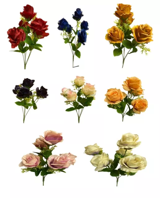 5 Heads Stems Artificial silk Flowers open Rose Bunch Wedding Home Grave Outdoor