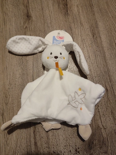 Doudou plat étoile lapin blanc beige pois SUCRE D'ORGE attache tétine état neuf