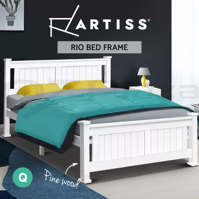 Artiss Bed Frame Queen Size Wooden Base Mattress Platform Timber White RIO