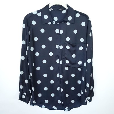 Zara Women's Polka Dot Button Down Shirt Size Small Navy Blue White Long Sleeve