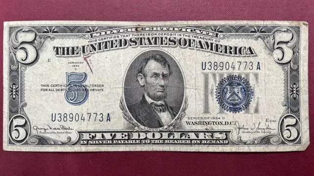 1934 D Five Dollar Silver Certificate $5 Bill Blue Seal Note Circulated #59031