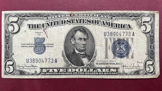 1934 D Five Dollar Silver Certificate $5 Bill Blue Seal Note Circulated #59031
