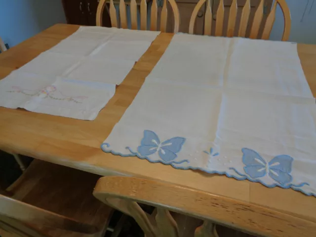 Vintage Set Of 2 Towels Floral Embroidery Design & Blue Butterfly Design