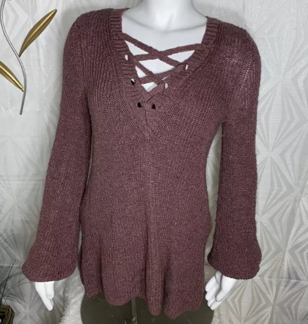 American Eagle Dusty Rose Pink Ribbed V Neck Bell Sleeve Sweater Size Medium