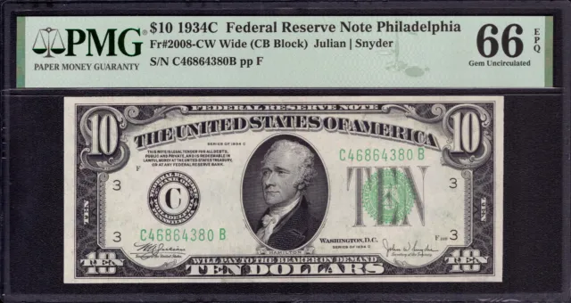 1934 C $10 Federal Reserve Note Philadelphia Fr.2008-C Pmg Gem 66 Epq
