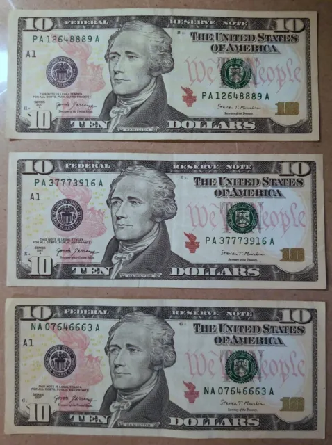 US Bank Notes $10 Ten Dollar Bills Consecutive Triples Serial Number Fancy Cool