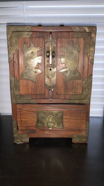 Antique Rosewood Chinese Asian Wood And Brass Jewelry Box