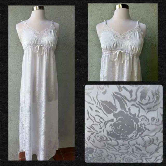 Vintage Barbizon Women's White Floral Satin Sleeveless Long Nightgown w/Lace S