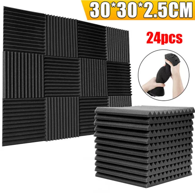 24X Black Wedge Acoustic Wall Panels Tiles Studio Sound Proofing Insulation Foam