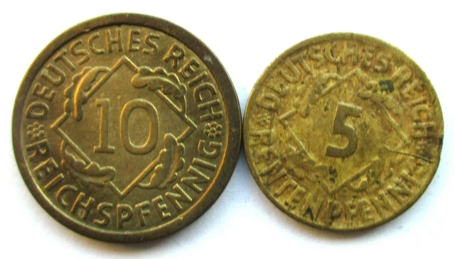 Weimar Republic 10 Reichspfennig 1925 A 5 Pension Penny 1924 D