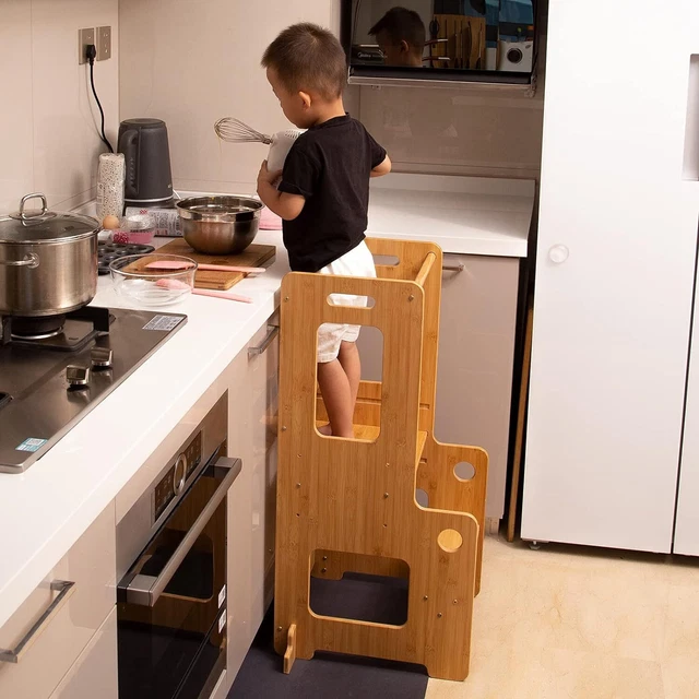 Children's Bamboo Kitchen Step Stool with Safety Rail, Adjustable Height