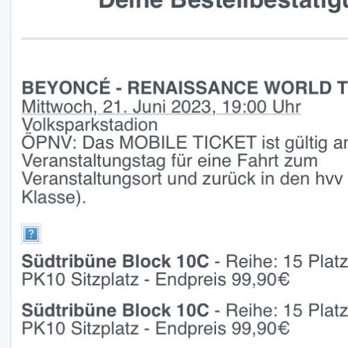 2X SITZPLATZ E-TICKETS BEYONCÉ - RENAISSANCE WORLD TOUR Hamburg 21.06. ...
