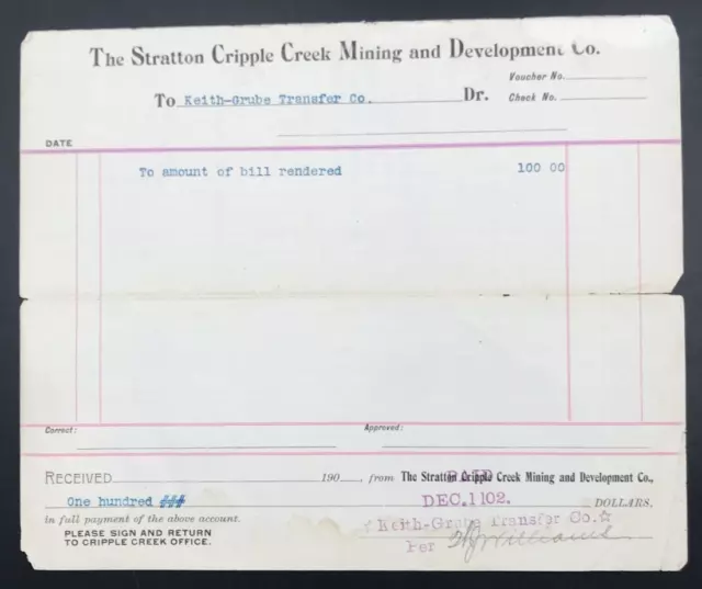 1902 Stratton Cripple Creek Mining & Development Billhead Voucher Colorado CO