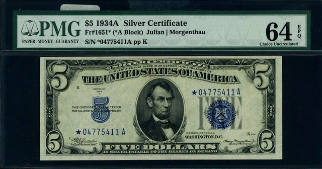 FR. 1651* $5 1934-A Silver Certificate *-A Block Choice PMG CU64 EPQ Star 2